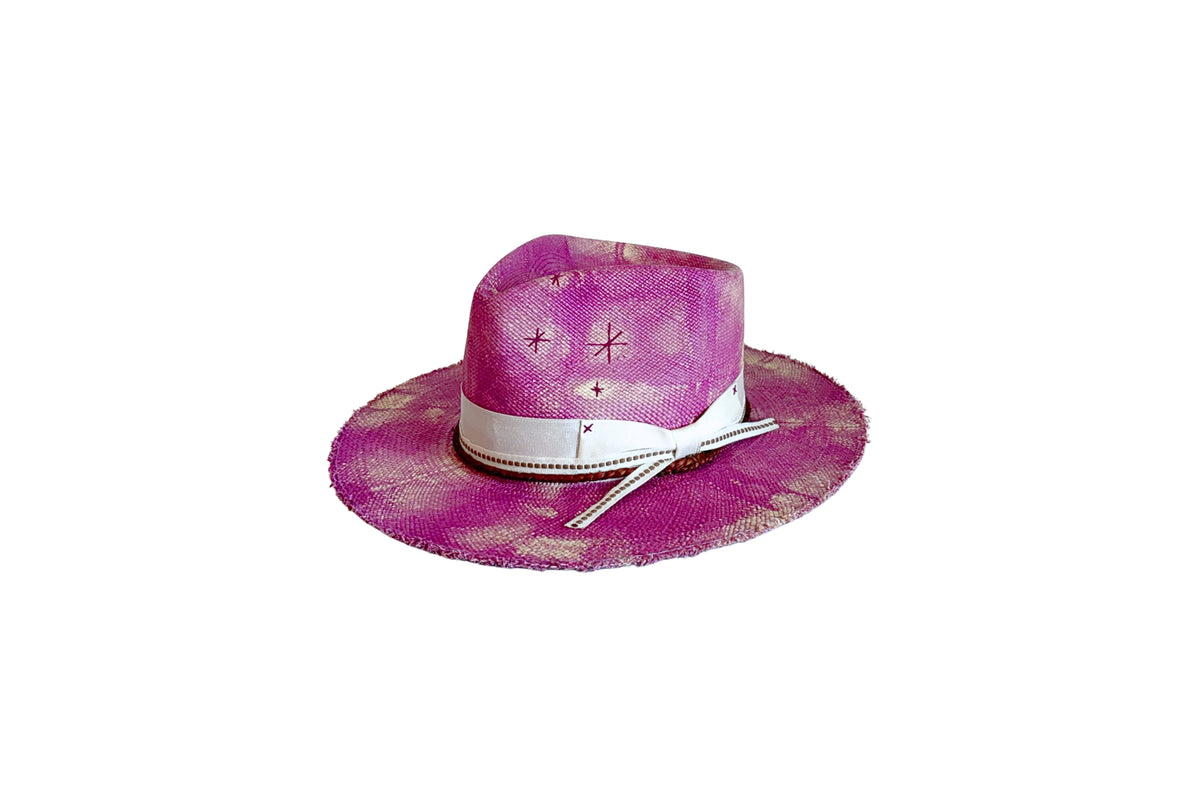 Pitaya magenta tie-dye Panama straw hat, angled view
