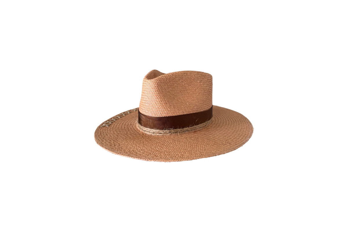 Cantera toasted honey Panama straw hat, angled view