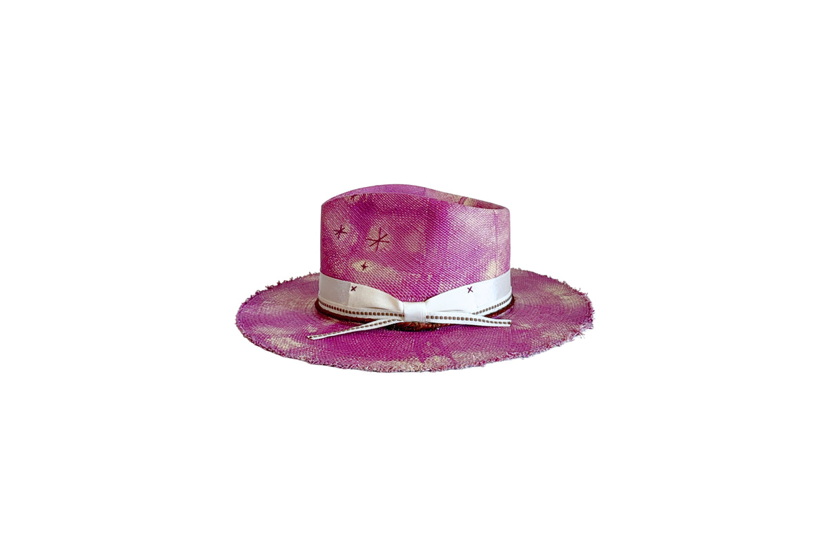 Pitaya magenta tie-dye Panama straw hat, side view
