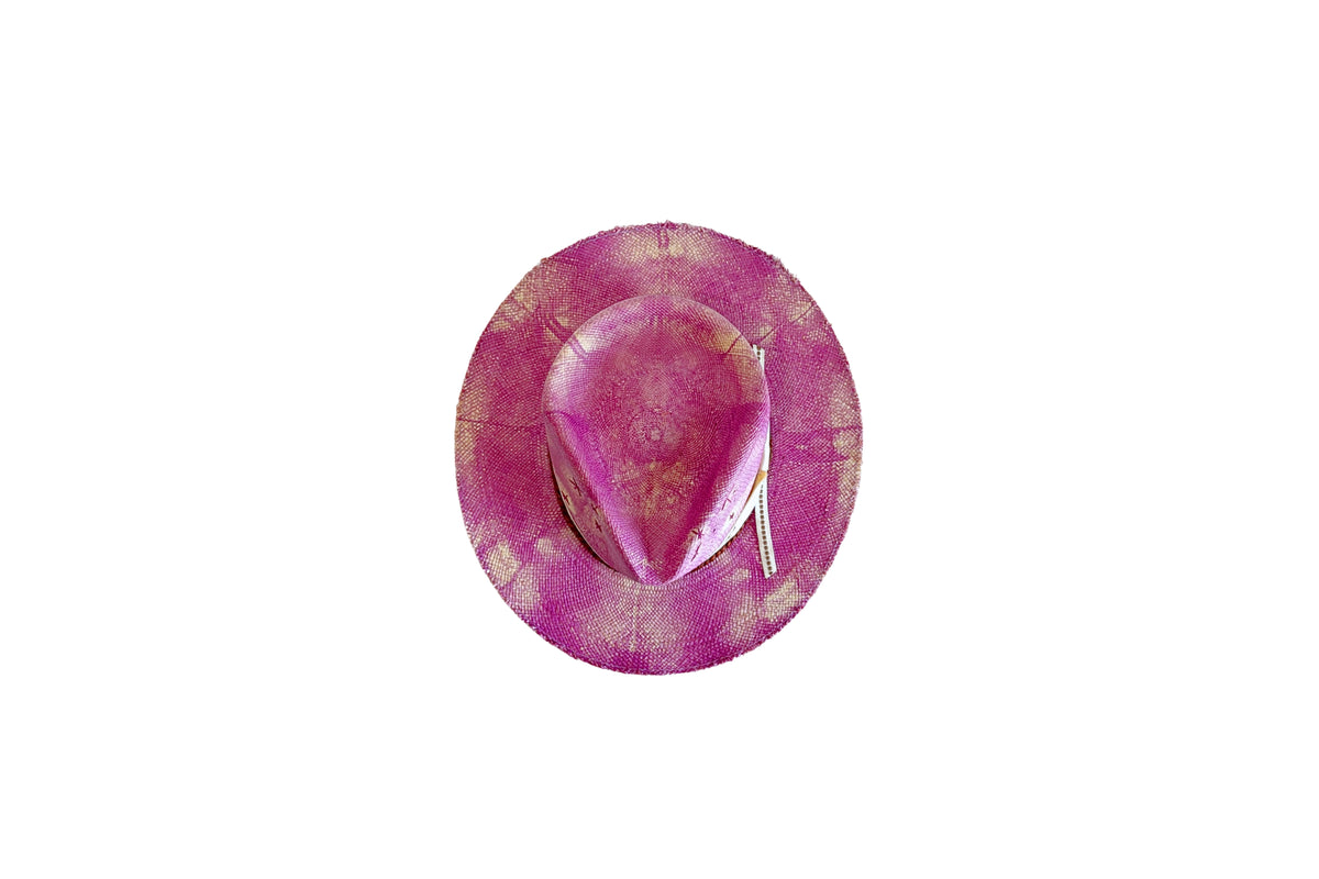 Pitaya magenta tie-dye Panama straw hat, top-down view